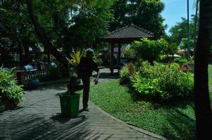 sidoarjo, indonesia, 2022 - silhouette of a park janitor cleaning up trash photo