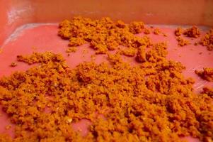 ground turmeric that is dried in the sun on a tray photo