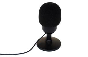 Black microphone, isolated on white background. Concept, technology device, microphone usb, useful for sound, voice recording, live streaming. On air, broadcasting. photo