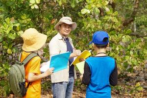 Asian man teacher is teaching botanical plants with students. Outdoor classroom. Summer camp activity. Concept, Learning by doing. Active learning.Real life experience. Nature survey. photo