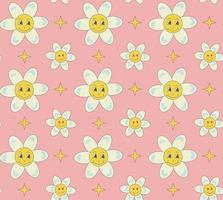 Groovy  retro  pattern with daisy flower and star in trendy  60s 70 cartoon style. vector