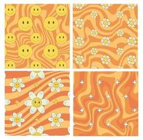 Groovy hippie pattern smile and flower and star on groovy orange background in cartoon hippie style. vector