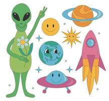 Groovy planets with character and alien, sun on isolated background in retro style. vector