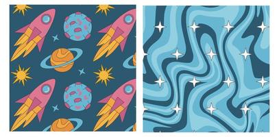 Groovy pattern planet, rocket,  cosmos with stars on hippie wave background. vector