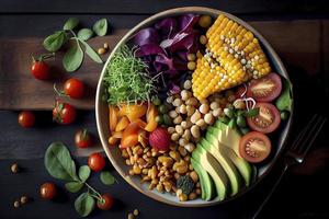 pila de frutas y vegetales en muchos apetitoso colores, Disparo desde arriba, atractivo a dirigir un sano a base de plantas estilo de vida foto