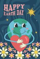 Groovy poster 70s. Retro poster with psychedelic planet earth, heart with character cartoon style. vector