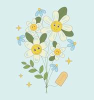 Groovy bouquet of flowers with characters . Hippie cartoon daisy. vector