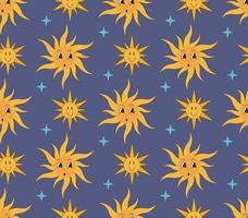 Groovy pattern star and sun ib cartoon hippie style on dark background. vector