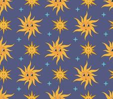 Groovy pattern star and sun ib cartoon hippie style on dark background. vector