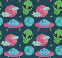 Groovy pattern Alien, ufo, planet in cartoon hippie style on dark background vector