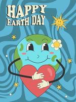 Groovy poster 70s. Retro poster with psychedelic planet earth, heart with character cartoon style. vector