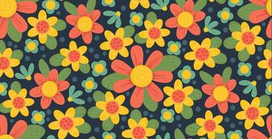 Cute floral pattern different flower. Seamless vector texture. Printing with small orange and yellow flowers on black background.