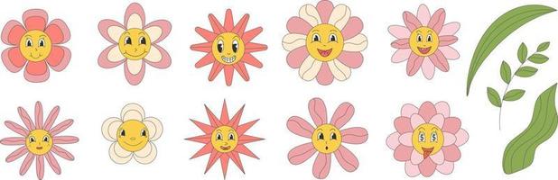 Groovy daisy flowers with cartoon funny smiling faces, chamomile characters. Cute camomile happy emotion. Illustration of smile floral flower, bloom camomile vector