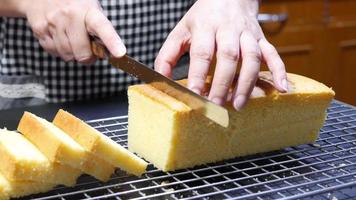 lady is cutting butter cake, people with home bakery concept video