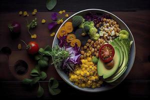 pila de frutas y vegetales en muchos apetitoso colores, Disparo desde arriba, atractivo a dirigir un sano a base de plantas estilo de vida foto