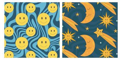 Groovy pattern smile, cosmos with stars and moon on hippie wave background. vector