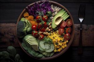 pila de frutas y vegetales en muchos apetitoso colores, Disparo desde arriba, atractivo a dirigir un sano a base de plantas estilo de vida foto