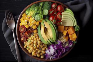 Pile of fruits and vegetables in many appetizing colors, shot from above, inviting to lead a healthy plant-based lifestyle photo