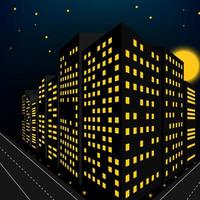Building Night Scene in Perspective View, Vector Illustration