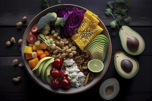 Pile of fruits and vegetables in many appetizing colors, shot from above, inviting to lead a healthy plant-based lifestyle photo