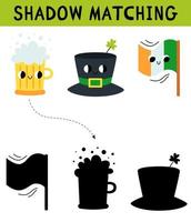 Cute St. Patrick's Day elements shadow matching activity for children. Simple educational game for kids with leaves. Find the correct silhouette printable worksheet. Vector cartoon illustration.