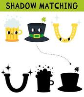 Cute St. Patrick's Day elements shadow matching activity for children. Simple educational game for kids with leaves. Find the correct silhouette printable worksheet. Vector cartoon illustration.