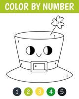 Color by number game for kids. Cute hat with clover. St. Patrick's Day coloring book. Printable worksheet with solution for school and preschool. Learning numbers activity. vector