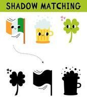 Cute St. Patrick's Day elements shadow matching activity for children. Simple educational game for kids with leaves. Find the correct silhouette printable worksheet. Vector cartoon illustration.