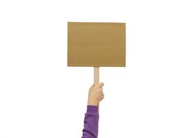 Woman's hand holding blank banner mock up on wood stick isolated. Empty board plank with space for shouting text rule or protest word. photo