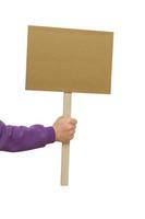 Woman's hand holding blank banner mock up on wood stick isolated. Empty board plank with space for shouting text rule or protest word. photo