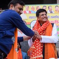 New Delhi, India  - November 27 2022 - Piyush Goyal Cabinet Minister and core member of Bharatiya Janata Party BJP during a rally in support of BJP candidate ahead of MCD local body Elections 2022 photo