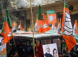 Delhi, India, December 02 2022 -Bharatiya Janata Party BJP supporter during mega road show in support of BJP candidate Pankaj Luthara to file nomination papers ahead of MCD local body Elections 2022 photo