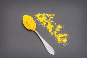 Turmeric powder on metal spoon photo