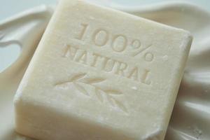 Homemade natural soap bar on black background photo