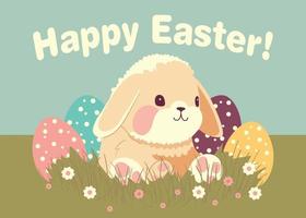 Easter rabbit with eggs jentle vector illustration in pastel colors. Fluffy funny bunny.