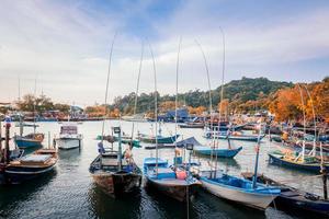 numeroso pequeño pescar barcos amarrado en frente de el pescar aldea. foto