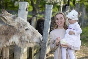 Mom with a little daughter feeds a donkey. A woman with a child on a farm. photo