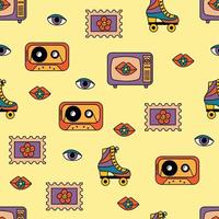 Seamless pattern with retro style. Cassettes, televisions, stamps, roller skates, eyes, lips. Endless patterns for your design. vector