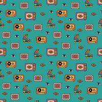 Seamless pattern with retro style. Cassettes, televisions, stamps, roller skates, eyes, lips. Endless patterns for your design. vector