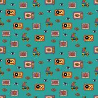 Seamless pattern with retro style. Cassettes, televisions, stamps, roller skates, eyes, lips. Endless patterns for your design. vector