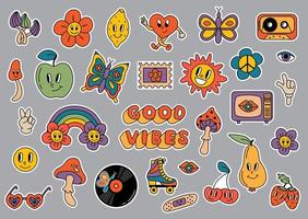 Set of retro stickers. 70s, hippie, retro TV, record, audio cassette, cherry, lemon, roller skates vector