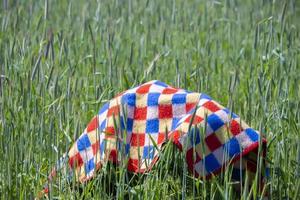 On the green meadow grass lies a blanket in a cage. Preparing for a picnic or outdoor recreation. Spread a blanket in the meadow. photo