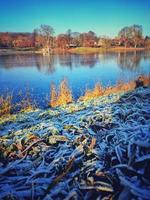 Frosty morning at the lake. Beautiful winter landscape with frozen lake. photo