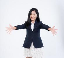 Portrait of a happy young Hug business woman isolated on a white background photo