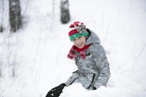 Child in winter for a walk. A little boy, in a red knitted hat, sits in a snowdrift. photo