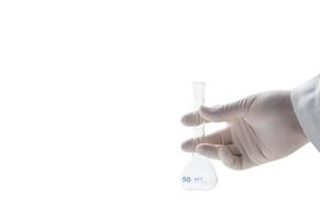 hand scientist wearing rubber gloves and hold 50 ml. Erlenmeyer flasks isolated photo