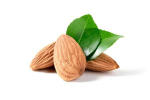 Almonds nut with leaves isolated on white background. They are highly nutritious and rich in healthy fats photo