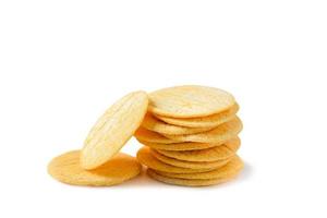 Round Crackers biscuits isolated on white background, Dry cracker cookies isolated, snack and fastfood photo