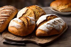 Some Sourdough bread at the served at the table. photo