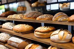 Various bread selling at the display bakery shop shelf. photo